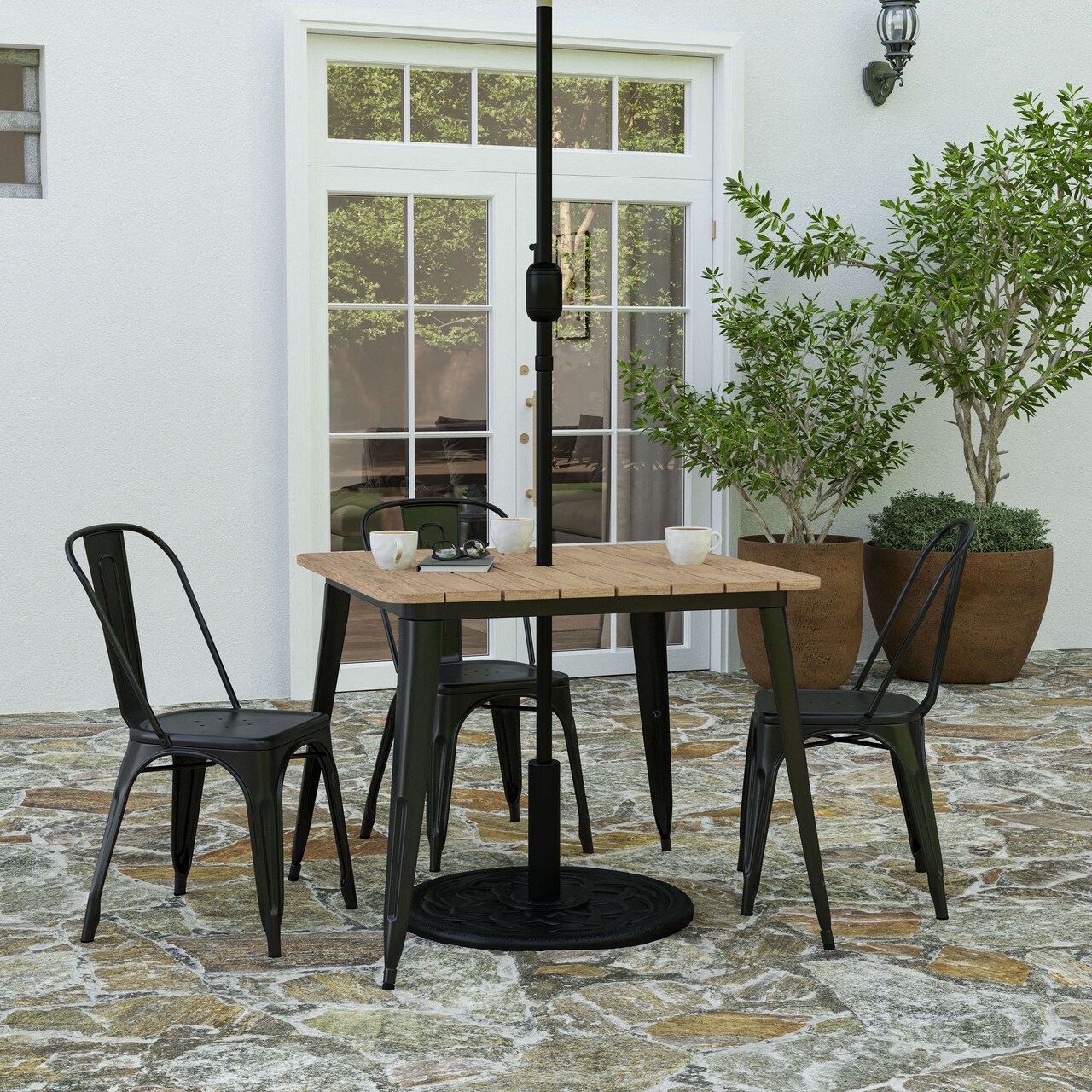 Merrick Lane Dryden Indoor/Outdoor Dining Table with Umbrella Hole, 36" Square All Weather Poly Resin Top and Steel Base
